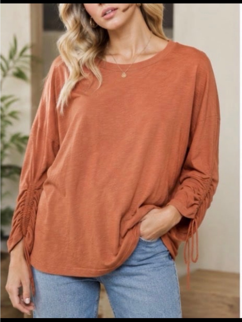 Martha Stewart 100% Cotton Rust Colored Flowy Ruched Sleeves Top Tunic NWT large